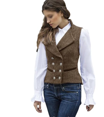 Wjnvfioo Fischgrätenmuster Frauen Weste Zweireiher Slim Fit Ärmellose Jacke Kurze Weste Damen Frühling, champagnerfarben, 32 von Wjnvfioo