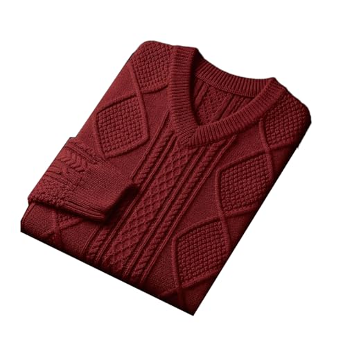 Wjnvfioo Herren Herbst und Winter Pullover V-Ausschnitt Jacquard Langarm Casual Lose und Verdickte Pullover, dunkelrot, XL von Wjnvfioo