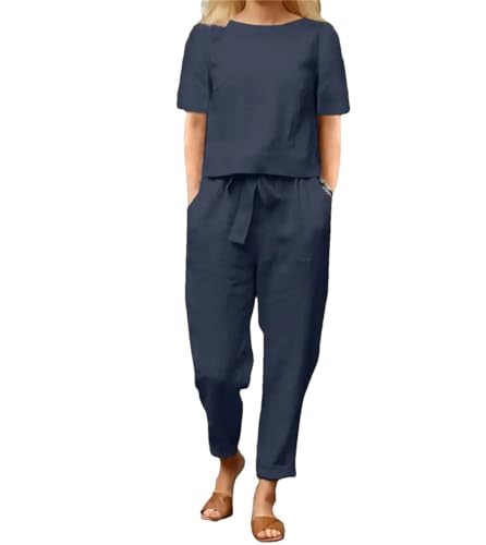 Wjnvfioo Kurzärmelige Damenbluse, Haremshose, 2-teiliges Set, Sommer-Trainingsanzug, zweiteiliges Set, lockere Freizeit-Sets, navy, 42 von Wjnvfioo