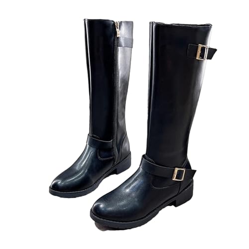 Wjnvfioo Retro Blockabsatz Ritterstiefel Damen Runde Zehe Seitlicher Reißverschluss Metallschnalle Nicht Knie Hohe Stiefel von Wjnvfioo