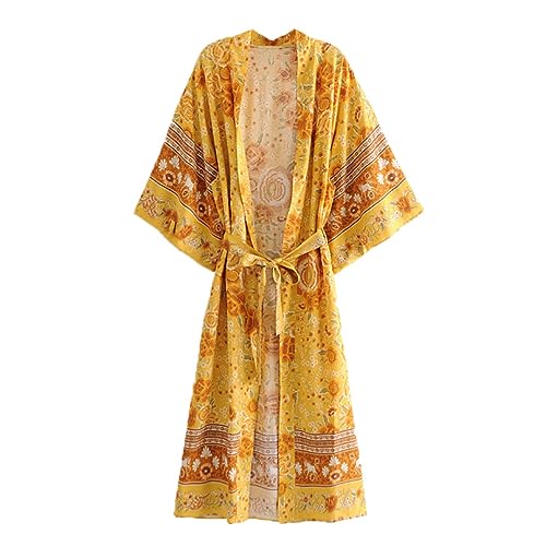 Wjnvfioo Vintage Strand Maxi Cover-Up Rayon Baumwolle Gelb Print Lange Maxi Kimono Urlaub Roben Sommer Strand Roben as pic XXL von Wjnvfioo