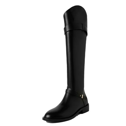 Wjnvfioo Winter Chunky Knight Boots Damen Echtes Leder Gürtelschnalle Kniehohe Schuhe Büro Lady Booties von Wjnvfioo