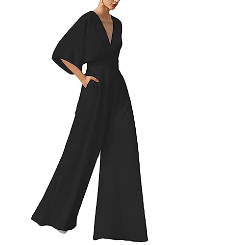 Jumpsuits Mit Tiefem V Ausschnitt Für Damen Lässig Locker Kurzärmelig Hosen Mit Weitem Bein Strampler Elegante Einteiler Outfits von Wjsdsg