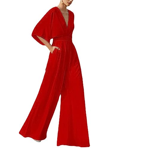 Jumpsuits Mit Tiefem V Ausschnitt Für Damen Lässig Locker Kurzärmelig Hosen Mit Weitem Bein Strampler Elegante Einteiler Outfits von Wjsdsg