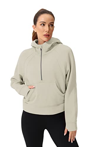 Wjustforu Damen Hoodie Half Zip Langarm Fleece Gefüttert Workout Casual Sweatshirt mit Taschen Pullover Tops, Khaki, M von Wjustforu