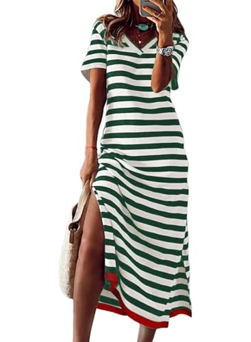 Wkior Damen-Sommer-Maxikleid, locker, lässig, langes Kleid, Farbblock, kurze Ärmel, geteilte Maxikleider (S-2XL), A Green, Groß von Wkior