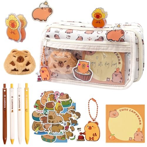 WlsqDE Capybara Federmäppchen, 11 pcs Capybara Schulsachen Set, Ca-pybara Schreibwaren, Ca-pybara Bürobedarf, Schulbedarf, inklusive Federmäppchen, Aufkleber, Kugelschreiber, für MäDchen und Jungen von WlsqDE