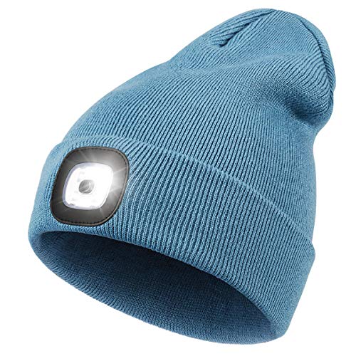 Wmcaps Mütze mit Licht LED, Wiederaufladbare USB Strickmütze mit Licht, Winter Warme Mütze Kappe, Scheinwerferkappe zum Camping, Joggen und Geschenke für Männer Frauen (Blau) von Wmcaps