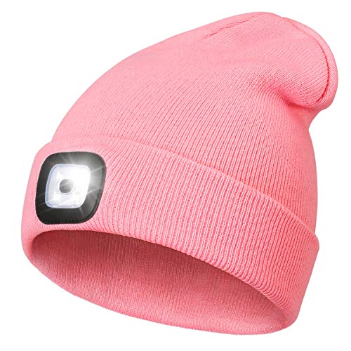 Wmcaps Mütze mit Led Licht, Wiederaufladbare USB Freisprech Stirnlampe Strickmütze Wintermütze Warme Mütze Kappe Scheinwerferkappe zum Camping Joggen Geschenke für Männer Frauen, Rosa von Wmcaps