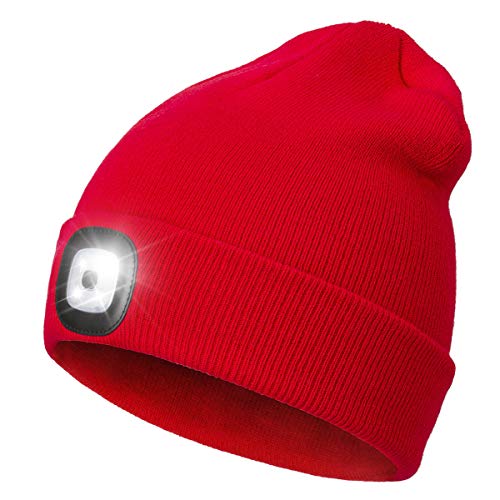 Wmcaps Mütze mit Led Licht, Wiederaufladbare USB Freisprech Stirnlampe Strickmütze Wintermütze Warme Mütze Kappe Scheinwerferkappe zum Camping Joggen Geschenke für Männer Frauen, Rot von Wmcaps