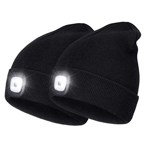 Wmcaps Mütze mit Licht LED, Wiederaufladbare USB Strickmütze mit Licht, Winter Warme Mütze Kappe, Scheinwerferkappe zum Camping, Joggen und Geschenke für Männer Frauen (Schwarz+Schwarz) von Wmcaps