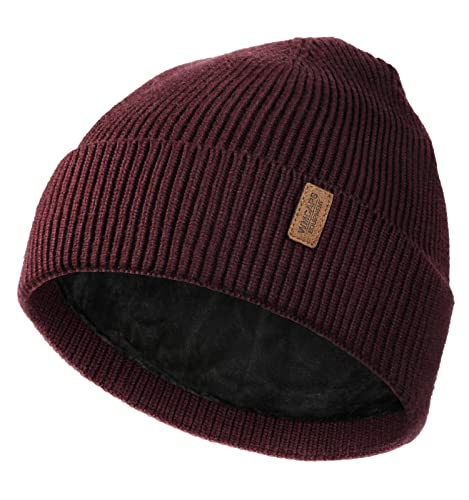 Wmcaps Beanie Mütze, Herren Winter Warme Unisex Wintermütze Strickmütze Dehnbare Weiche Wollmütze mit Bündchen und Dickem Warmem Futter Geschenk für Freundin männer Frauen (Burgunderrot) von Wmcaps