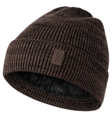 Wmcaps Beanie Mütze, Herren Winter Warme Unisex Wintermütze Strickmütze Dehnbare Weiche Wollmütze mit Bündchen und Dickem Warmem Futter Geschenke für Freundin männer Frauen, Braun/Schwarz von Wmcaps