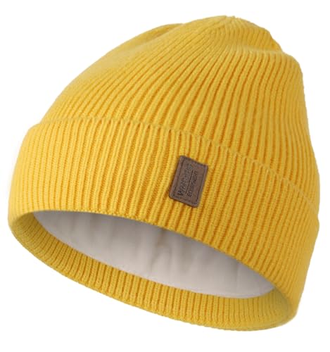 Wmcaps Beanie Mütze, Herren Winter Warme Unisex Wintermütze Strickmütze Dehnbare Weiche Wollmütze mit Bündchen und Dickem Warmem Futter Geschenke für Freundin männer Frauen, Ingwergelb von Wmcaps