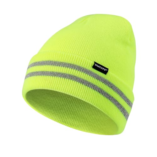 Wmcaps Mütze Herren mit Reflektierendem Streifen, Unisex Stretch Beanie mit Umschlag, Winddichte Outdoor Wintermütze für Damen, Winter Warme Laufmütze Geschenke für Sie oder Ihn, Fluoreszierendes Gelb von Wmcaps