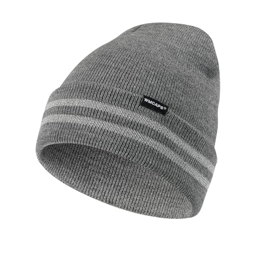 Wmcaps Mütze Herren mit Reflektierendem Streifen, Unisex Stretch Beanie mit Umschlag, Winddichte Outdoor Wintermütze für Damen, Winter Warme Laufmütze Geschenke für Sie oder Ihn, Grau von Wmcaps