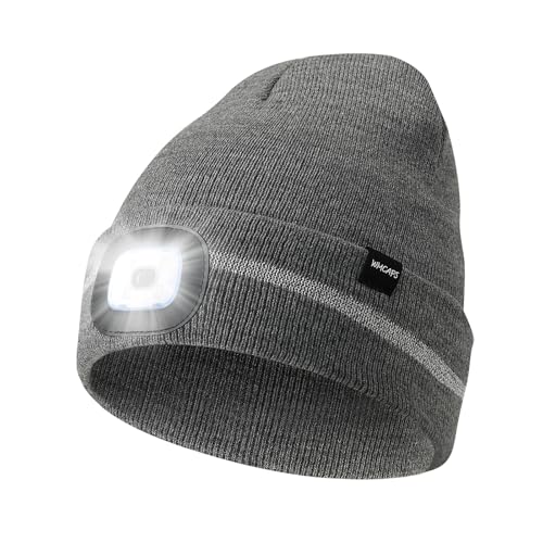 Wmcaps Mütze mit LED Licht, Wintermütze mit 4 LED Lampe, Wiederaufladbare Type-C Strickmütze mit Reflektierendem Lichtstreifen, Winter Warme Geschenke Laufmütze für Herren und Damen,Grau von Wmcaps