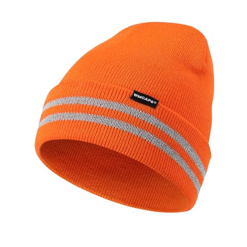 Wmcaps Mütze Herren mit Reflektierendem Streifen, Unisex Stretch Beanie mit Umschlag, Winddichte Outdoor Wintermütze für Damen, Winter Warme Laufmütze Geschenke für Sie oder Ihn, Orange von Wmcaps