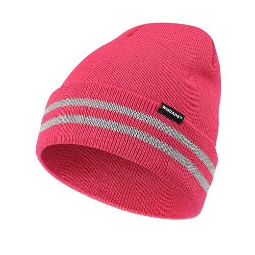 Wmcaps Mütze Herren mit Reflektierendem Streifen, Unisex Stretch Beanie mit Umschlag, Winddichte Outdoor Wintermütze für Damen, Winter Warme Laufmütze Geschenke für Sie oder Ihn, Rosenrot von Wmcaps
