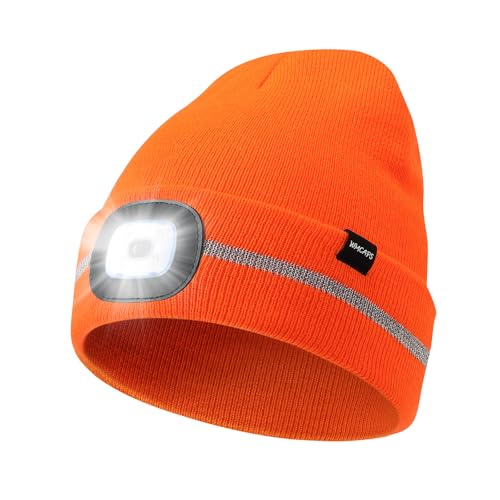 Wmcaps Mütze mit LED Licht, Wintermütze mit 4 LED Lampe, Wiederaufladbare Type-C Strickmütze mit Reflektierendem Lichtstreifen, Winter Warme Geschenke Laufmütze für Herren und Damen,Orange von Wmcaps
