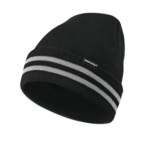 Wmcaps Mütze Herren mit Reflektierendem Streifen, Unisex Stretch Beanie mit Umschlag, Winddichte Outdoor Wintermütze für Damen, Winter Warme Laufmütze Geschenke für Sie oder Ihn, Schwarz von Wmcaps