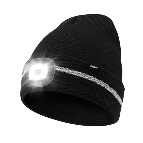 Wmcaps Mütze mit LED Licht, Wintermütze mit 4 LED Lampe, Wiederaufladbare Type-C Strickmütze mit Reflektierendem Lichtstreifen, Winter Warme Geschenke Laufmütze für Herren und Damen,Schwarz von Wmcaps