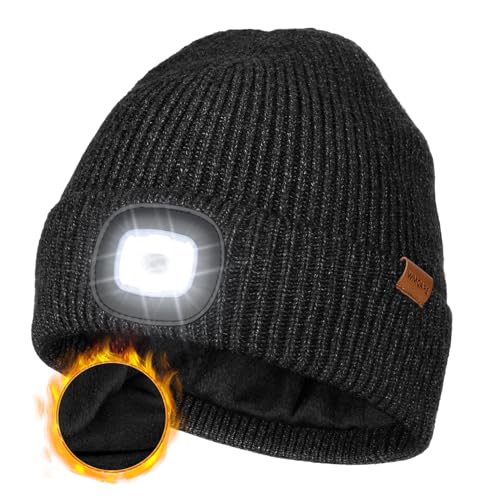 Wmcaps Mütze mit LED Licht, Wintermütze mit Dickem Warmen Futter, Integrierte Beleuchtete Type-C Wiederaufladbare Freisprech-Stirnlampe, Geschenke für Männer Frauen, Dunkelgrau von Wmcaps