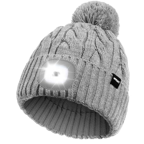 Wmcaps Mütze mit LED Licht Damen, Wiederaufladbare Type-C Strickmütze Bommelmütze mit 4 LED-Lichtern, Pudelmütze Leuchtmütze mit Lampe, Geschenkte Geschenk für Männer und Frauen, Grau von Wmcaps