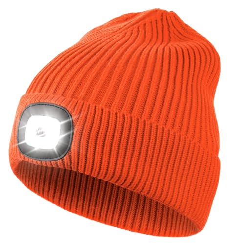 Wmcaps Mütze mit Led Licht, Strickmütze mit Licht Männer Geschenke Wiederaufladbare USB Laufmütze mit Licht Extrem Heller 4 LED Lampe Geschenke Männer Coole Sachen, Mandarine von Wmcaps