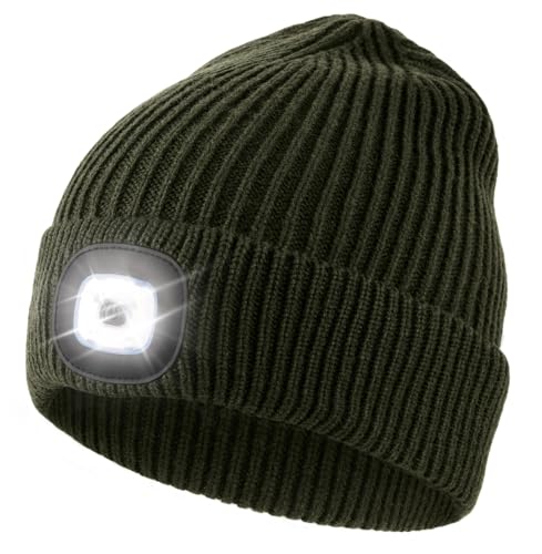 Wmcaps Mütze mit Led Licht, Strickmütze mit Licht Männer Geschenke Wiederaufladbare USB Laufmütze mit Licht Extrem Heller 4 LED Lampe Geschenke Männer Frauen, Armeegrün von Wmcaps