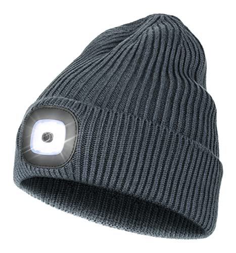 Wmcaps Mütze mit Led Licht, Strickmütze mit Licht Männer Geschenke Wiederaufladbare USB Laufmütze mit Licht Extrem Heller 4 LED Lampe Geschenke Männer Frauen, Dunkelblau Grau von Wmcaps