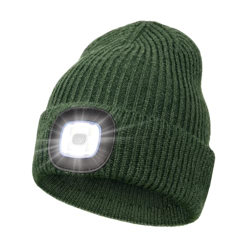 Wmcaps Mütze mit Led Licht, Strickmütze mit Licht Männer Geschenke Wiederaufladbare USB Laufmütze mit Licht Extrem Heller 4 LED Lampe Geschenke Männer Frauen, Grünlich Weiß von Wmcaps