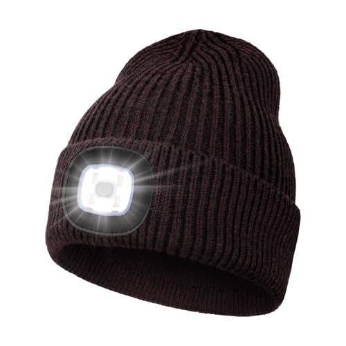 Wmcaps Mütze mit Led Licht, Strickmütze mit Licht Männer Geschenke Wiederaufladbare USB Laufmütze mit Licht Extrem Heller 4 LED Lampe Geschenke Männer Frauen, Rot Schwarz von Wmcaps