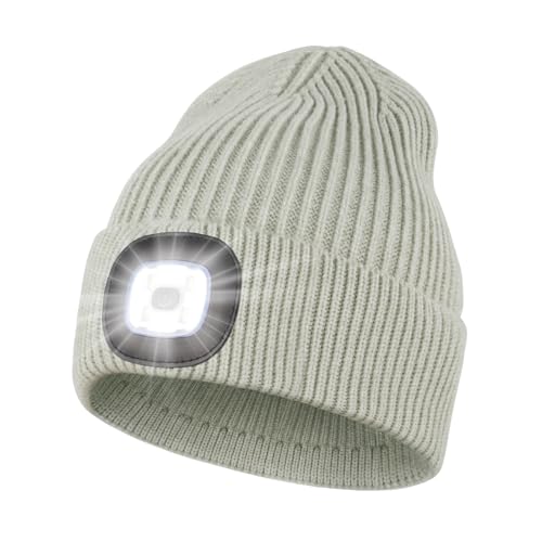 Wmcaps Mütze mit Led Licht, Strickmütze mit Licht Männer Geschenke Wiederaufladbare USB Laufmütze mit Licht Extrem Heller 4 LED Lampe Geschenke Männer Frauen, Silber Grau von Wmcaps