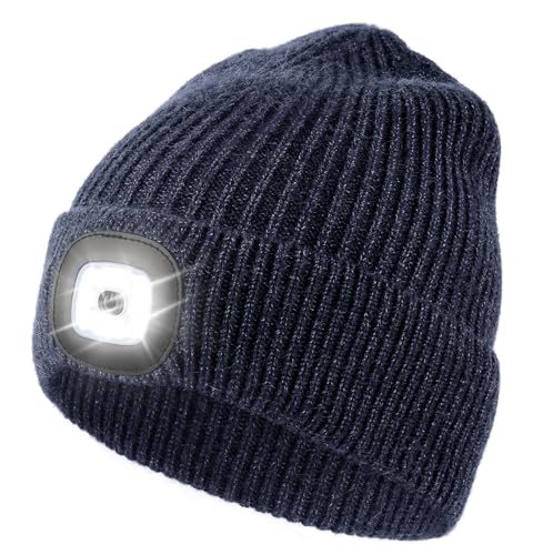 Wmcaps Mütze mit Led Licht, Strickmütze mit Licht Männer Geschenke Wiederaufladbare USB Laufmütze mit Licht Extrem Heller 4 LED Lampe Geschenke Männer Frauen (Mineralblau) von Wmcaps