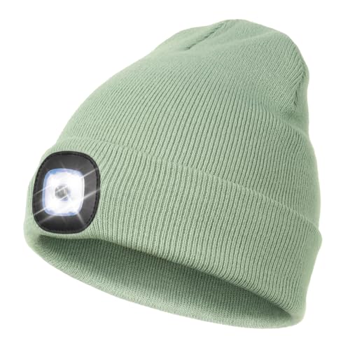 Wmcaps Mütze mit Led Licht, Wiederaufladbare USB Freisprech Stirnlampe Strickmütze Wintermütze Warme Mütze Kappe Scheinwerferkappe zum Camping Joggen Geschenke für Männer Frauen, Blassgrün von Wmcaps
