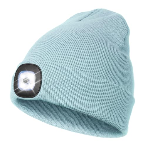 Wmcaps Mütze mit Led Licht, Wiederaufladbare USB Freisprech Stirnlampe Strickmütze Wintermütze Warme Mütze Kappe Scheinwerferkappe zum Camping Joggen Geschenke für Männer Frauen, Hellblau von Wmcaps