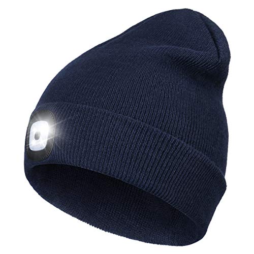 Wmcaps Mütze mit Led Licht, Wiederaufladbare USB Freisprech Stirnlampe Strickmütze Wintermütze Warme Mütze Kappe Scheinwerferkappe zum Camping Joggen Geschenke für Männer Frauen, Navy Blau von Wmcaps