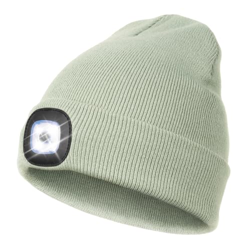 Wmcaps Mütze mit Led Licht, Wiederaufladbare USB Freisprech Stirnlampe Strickmütze Wintermütze Warme Mütze Kappe Scheinwerferkappe zum Camping Joggen Geschenke für Männer Frauen, Sojagrau von Wmcaps