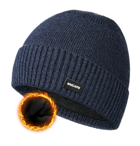 Wmcaps Winter Beanie Mütze, Wintermütze Herren mit Bündchen und Dickem Warmem Futter Wollmütze Strickmütze Bequeme Weiche Stulpenmütze Geschenke für Männer Frauen, Marineblau von Wmcaps