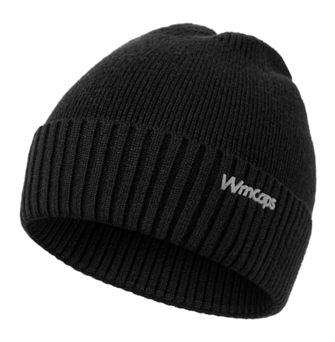Wmcaps Wintermütze, Mütze Herren Damen Strickmütze Winter Cuffed Plain Hat Komfortabel Atmungsaktiv Weich Stretchy Warm Mütze mit Reflektierendem Logo Geschenke für Männer Frauen, Schwarz von Wmcaps