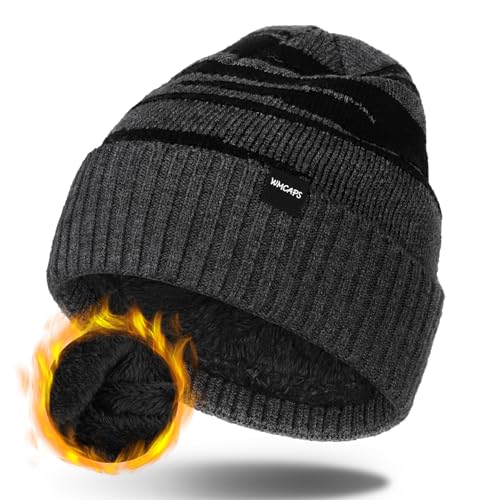 Wmcaps Wintermütze Herren, Thermo Winter Beanie Mütze Herren und Damen, Weiche Wollmütze mit Bündchen, Gestreifte Strickmütze Warme Stretchy Plüsch Ski Mütze Männer(Dunkelgrau) von Wmcaps