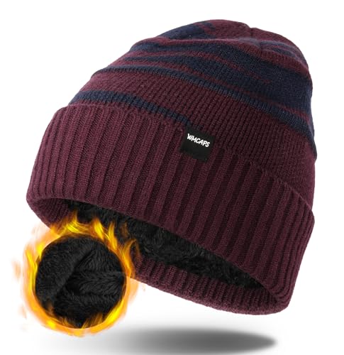 Wmcaps Wintermütze Herren, Thermo Winter Beanie Mütze Herren und Damen, Weiche Wollmütze mit Bündchen, Gestreifte Strickmütze Warme Stretchy Dickem Plüsch Ski Mütze Männer(Weinrot) von Wmcaps