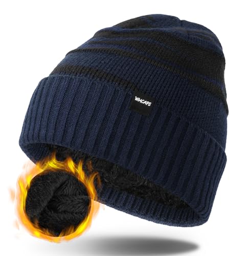 Wmcaps Wintermütze Herren, Thermo Winter Beanie Mütze Herren und Damen, Weiche Wollmütze mit Bündchen, Gestreifte Strickmütze Warme Stretchy Ski Mütze Männer(Marineblau+Schwarz) von Wmcaps