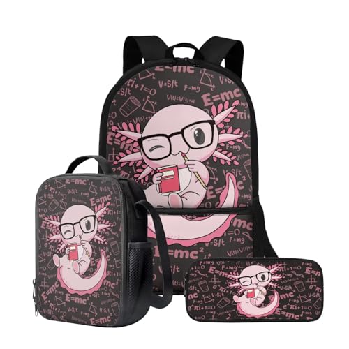 Wnbucioht 3 in 1 Rucksack für Kinder Jungen mit isolierter Lunchtasche, Stiftehalter, Axolotl Brille, one size, Schulranzen-Set von Wnbucioht