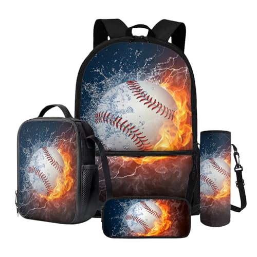 Wnbucioht 4-teiliges Schulrucksack-Set für Kinder, Jungen, Mädchen, Schultasche mit Lunch-Etui, Stiftebox, Flasche, Wasserhalter, Flammen-Baseball, Kinderrucksack Wnbucioht 4-teiliges Schulrucksack-Set für Kinder, Jungen, Mädchen, Schultasche mit Lunch-Etui, Stiftebox, Flasche, Wasserhalter, Flammen-Baseball, Kinderrucksack von Wnbucioht