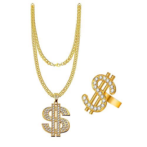 Wnddle Hip Hop Rapper Accessories, Herren Vergoldet Hip Hop Anhänger Halskette, Dollar Halskette & Ringe, Rap Sänger Gold Dollar Anhänger Kette, für Rapper Kostüm Zubehör von Wnddle