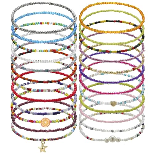 Wnddle 24 Stück fussketten für frauen, Damen Fußkettchen, bunte Perlen fußkette,Boho fußkette damen, boho schmuck, Bohemian Fußketten für Frauen Damen Mädchen Strand Schmuck von Wnddle