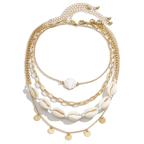 Wnddle 4 Stück Muschel Halskette Set, Natürliche Muschelketten, Layering Kette Goldn, Damen Natural Shell Choker Halsketten, Boho Muschelkette, für Damen Mädchen Sommer Strand Schmuck von Wnddle