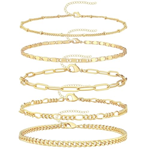 Wnddle 5Pcs Ketten Armbander für Damen, Kette Armbänder Set für Frauen, Edelstahl Armbänder Set Für Damen Silber Gold Armband Verstellbar, Link Armband Schmuck Geschenk für Mädchen Freundin. (Gold) von Wnddle
